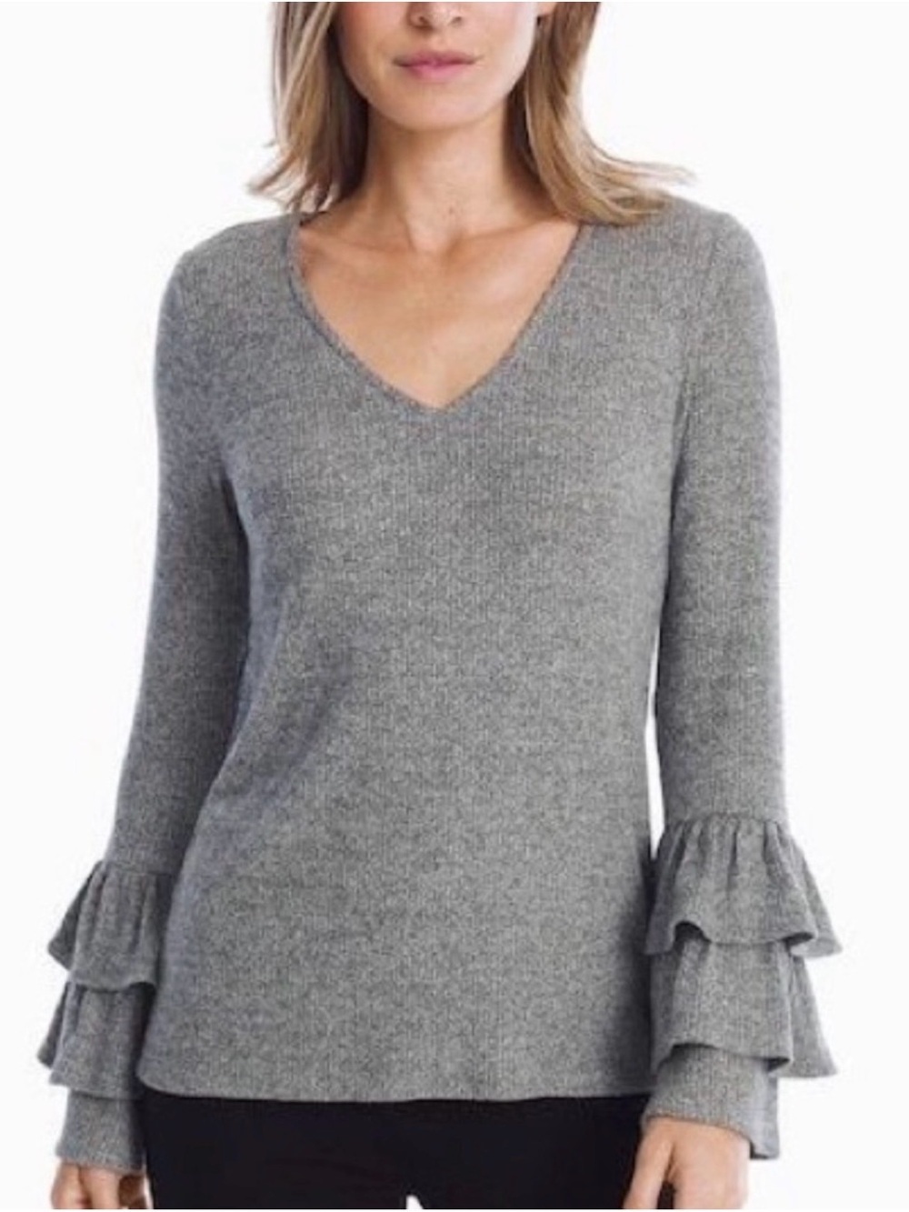 🌺White House Black Market Ribbed Gray V-Neck Ruffled Sleeve Sweater